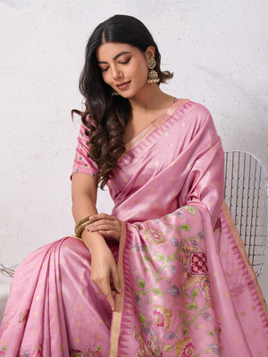 Tasrika Embellished, Printed, Woven Kalamkari Tussar Silk Saree(Pink)