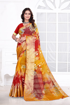 Aarunika MNT Solid/Plain Bollywood Organza Saree(Red)