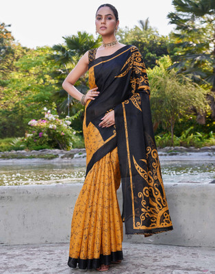 Samah Geometric Print, Printed Daily Wear Khadi Saree(Yellow, Black)