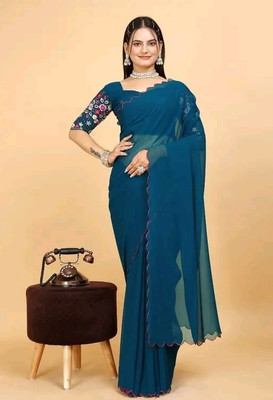 PIYA DESIGNER Solid/Plain Madhubani Georgette Saree(Multicolor)