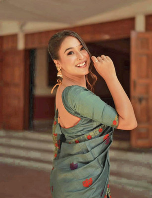 VASTRIKAFABRICS Woven, Floral Print Mekhela Chador Polyester Saree(Dark Green)