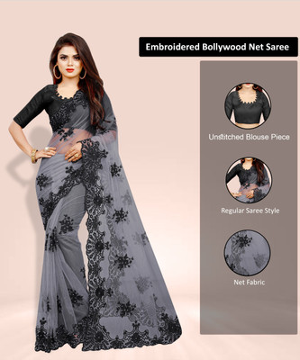 Barkiya Creation Embroidered Bollywood Net Saree(Grey)