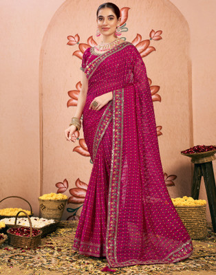 Samah Embellished, Embroidered, Printed Bandhani Chiffon, Lace Saree(Pink)