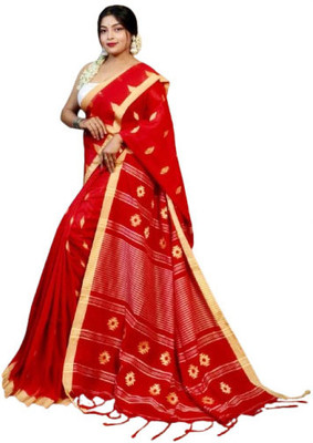 ANU INDIAN FASHION Woven Handloom Cotton Blend Saree(Red)