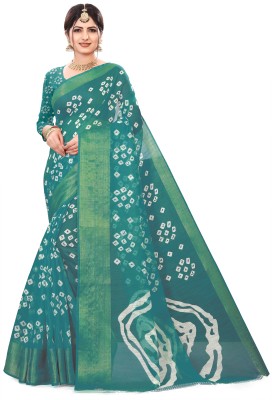 Suntex Printed Bandhani Cotton Blend Saree(Light Blue)