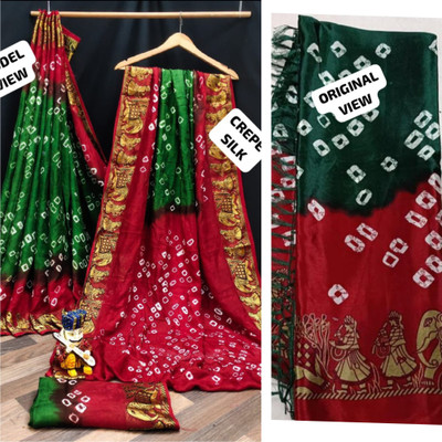 charmie designer Printed Bandhani Silk Blend Saree(Multicolor)