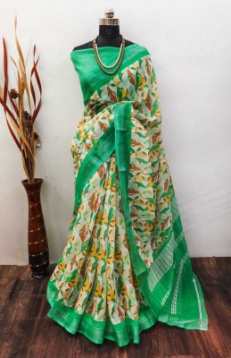 VAKHARIYAFAB Digital Print, Self Design Bollywood Cotton Linen, Linen Saree(Green)