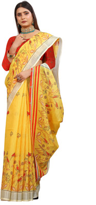 HouseOfCommon Printed Kanjivaram Pure Cotton, Cotton Linen Saree(Yellow)
