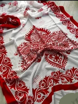 Priyongboda Printed Jamdani Handloom Cotton Blend Saree(Red, White)