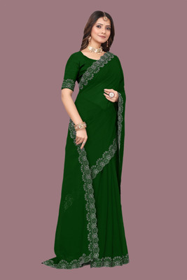 rudraCreation Solid/Plain, Self Design, Woven Mysore Georgette Saree(Green)