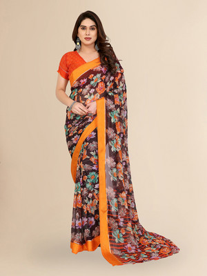Moda Rapido Embellished, Floral Print Bollywood Georgette, Satin Saree(Brown, Orange)