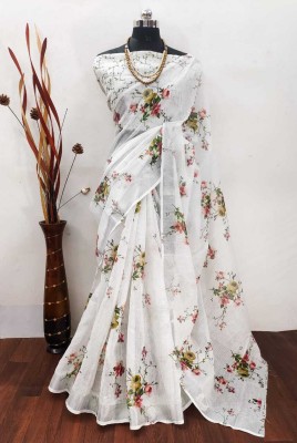 Kuwarika Printed Kanjivaram Linen, Cotton Linen Saree(White)