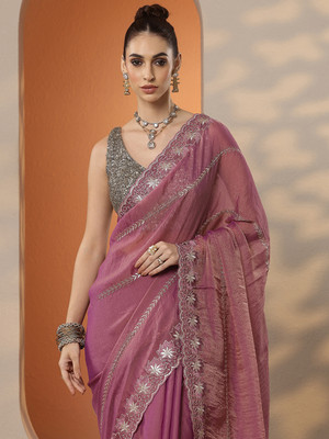 LIBAS Embellished Daily Wear Organza Saree(Pink)