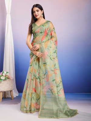 Tasrika Floral Print Bollywood Organza Saree(Light Green)