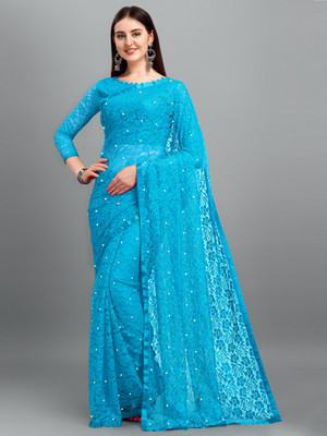 Croza Self Design Bollywood Net Saree(Light Blue)