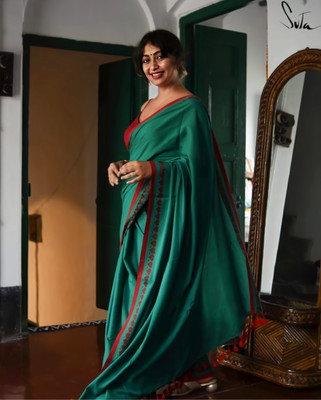 DAS TAXTILES Solid/Plain Handloom Pure Cotton Saree(Dark Green)