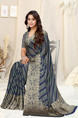 MIRCHI FASHION Printed, Striped Leheria Chiffon, Georgette Saree(Dark Blue, Light Blue, Beige)