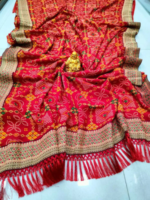 SHIV COLLECTION Geometric Print Bandhani Georgette Saree(Red)