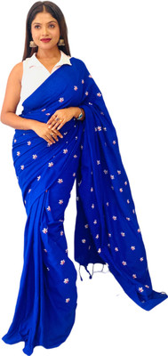 MA TARA TEXTILES ROHIT Floral Print Handloom Cotton Blend Saree(Blue)
