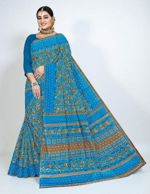 Veerj Sarees Printed Daily Wear Pure Cotton Saree(Light Blue)