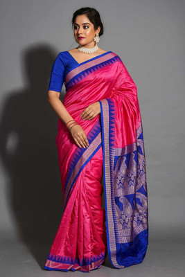 Sijileen Solid/Plain, Temple Border Sambalpuri Silk Blend Saree(Pink, Blue)