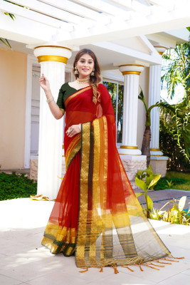 Aarunika SBT Solid/Plain Bollywood Organza Saree(Red)