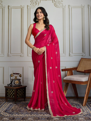 House of Pataudi Embroidered Saree with Attached Blouse Art Silk Saree(Pink)