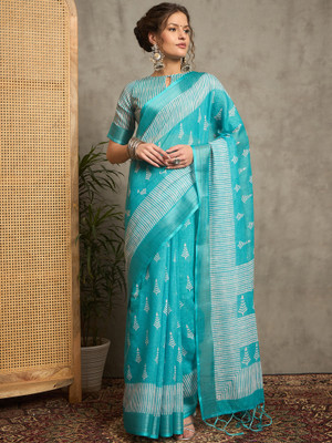 Tasrika Printed Hand Batik Linen Saree(Light Blue)