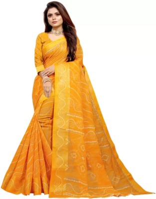 Suntex Digital Print Bandhani Cotton Silk Saree(Yellow)