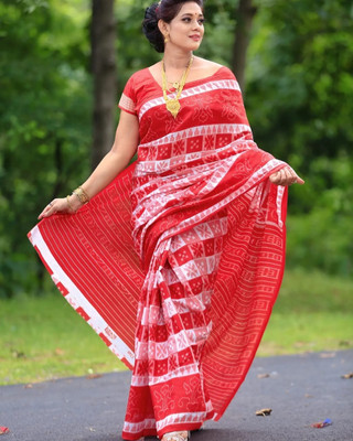 ETHNIC ODISHA HANDLOOM Printed, Digital Print, Geometric Print, Checkered, Polka Print, Graphic Print Sambalpuri Pure Cotton Saree(White)
