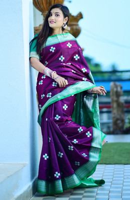 HouseOfCommon Embroidered Sambalpuri Satin Saree(Dark Blue)