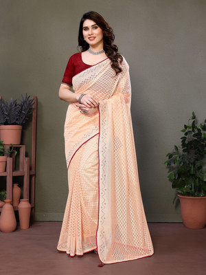 Sakifashion Striped Bollywood Net Saree(Beige)