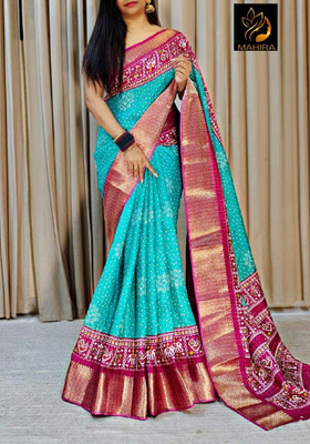 Varda Woven, Self Design Ikkat Cotton Silk Saree(Blue, Pink)