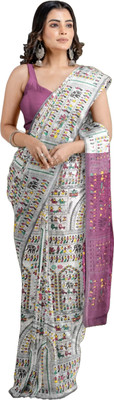 SAPTAK FASHION Printed Handloom Cotton Silk Saree(White)