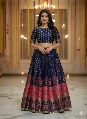 Anugrah Textile Embroidered Banarasi Lycra Blend, Chiffon Saree(Blue, Pink)