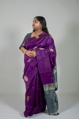 SnehaFashion Creation Striped Banarasi Silk Blend Saree(Purple, Blue)