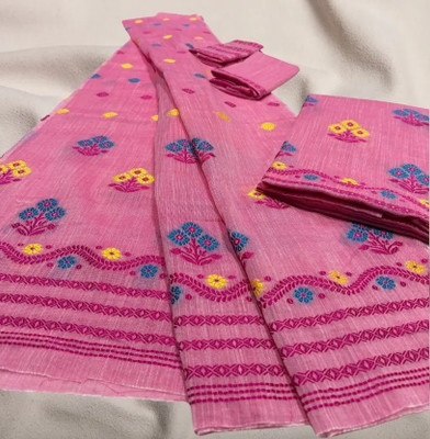 SellZone Woven Mekhela Chador Cotton Blend Saree(Pink)