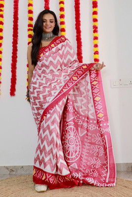 JASU CREATION Printed Ikkat Pure Cotton Saree(Red)