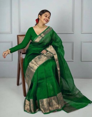 SIRIL Embellished, Solid/Plain Bollywood Organza, Jacquard Saree(Green)