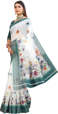 HouseOfCommon Printed Kanjivaram Pure Cotton, Chanderi Saree(White)