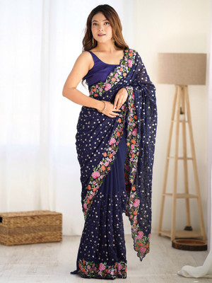 Sareemall Floral Print Bollywood Georgette Saree(Dark Blue)
