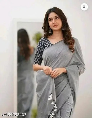 SUDIPTA Solid/Plain Handloom Cotton Blend Saree(Silver)