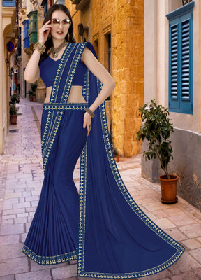 Offirra International Printed Banarasi Lycra Blend, Chiffon Saree(Dark Blue)