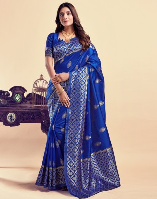 SIRIL Woven, Embellished, Self Design Banarasi Silk Blend, Jacquard Saree(Dark Blue, Gold)