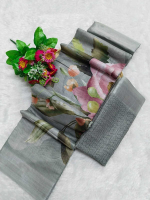 PRTRENDZ Printed Bollywood Pure Cotton, Cotton Linen Saree(Grey)