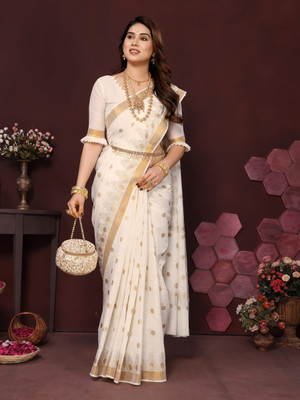 Kjs Polka Print Kasavu Pure Cotton Saree(Multicolor)