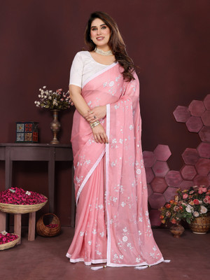 supremesarees Embroidered Lucknow Chikankari Cotton Silk Saree(Pink)