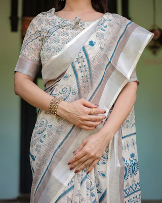Attipatti Printed Bollywood Cotton Linen Saree(Beige)