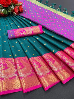 valida Woven, Self Design Banarasi Jacquard, Cotton Silk Saree(Green)