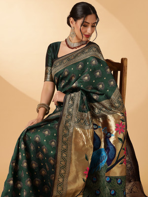 Ethnic Junction Woven Paithani Silk Blend Saree(Green)
